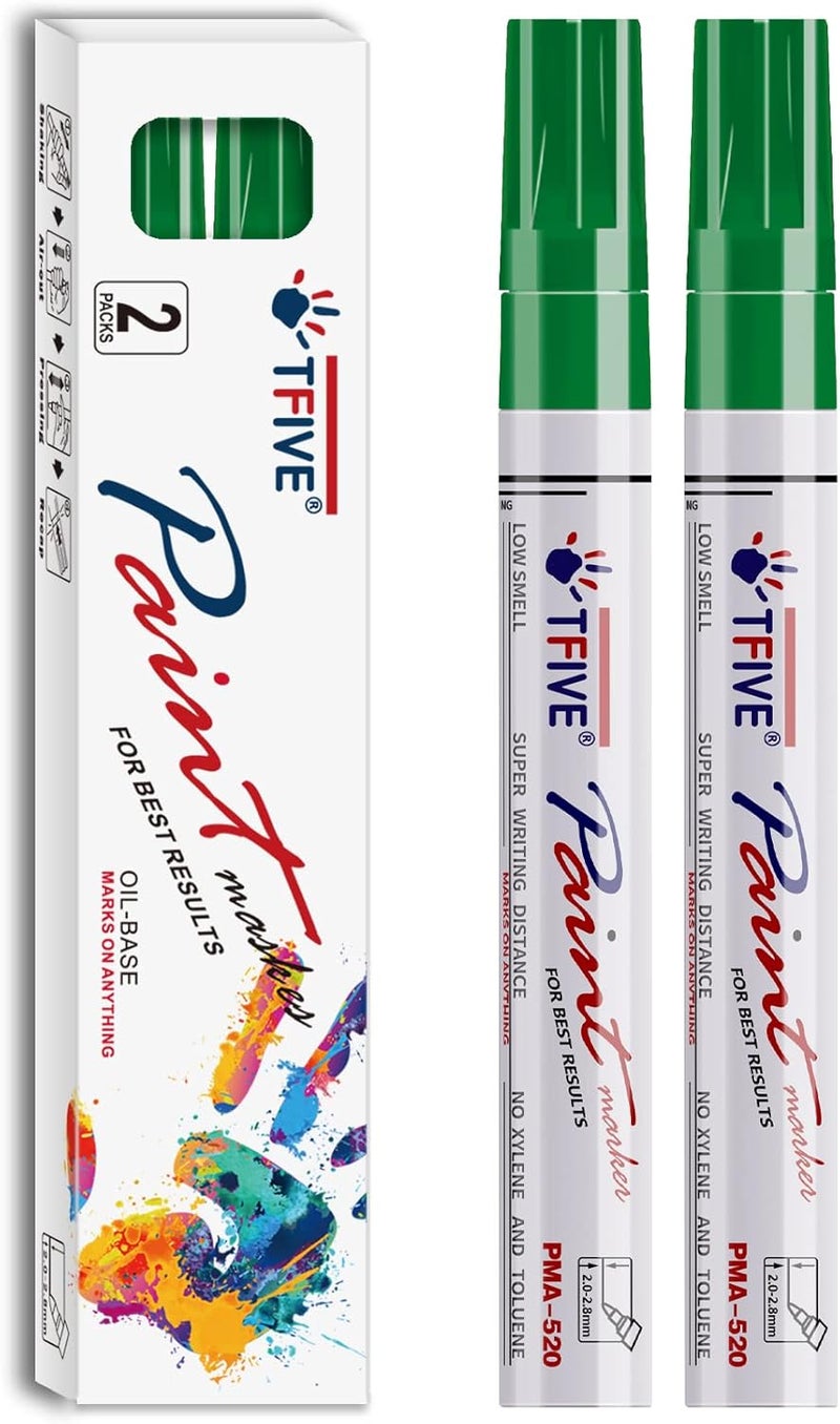 TFIVE Green Permanent Paint Marker Pens - 2 Count Oil Based Marker Pen, Medium Tip, Waterproof & Quick Dry, for Office, Art projects, Rock Painting, Ceramic, Glass, Wood, Plastic, Metal, Canvas - Image 1